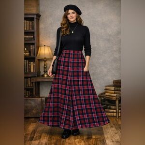 Vintage 1970s Plaid Wool Maxi Skirt High Waist A‑Line